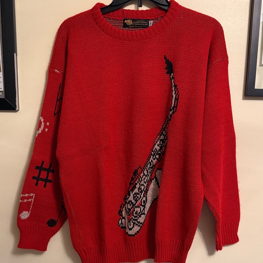 Vintage 80s Unisex Red Saxophone Knit Sweater